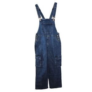 LA Girl Womens Denim Cargo Overalls Blue Medium Wash Straight Leg Size L